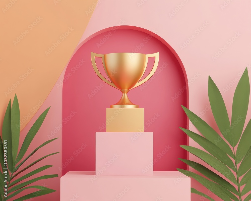 Golden trophy on podium with tropical leaves and geometric pink background Golden trophy on podium with tropical leaves and geometric pink background