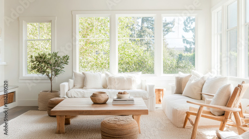 A bright and airy living room featuring cozy white sofa, natural wood coffee table, and large windows that invite sunlight. space is adorned with greenery, creating serene atmosphere