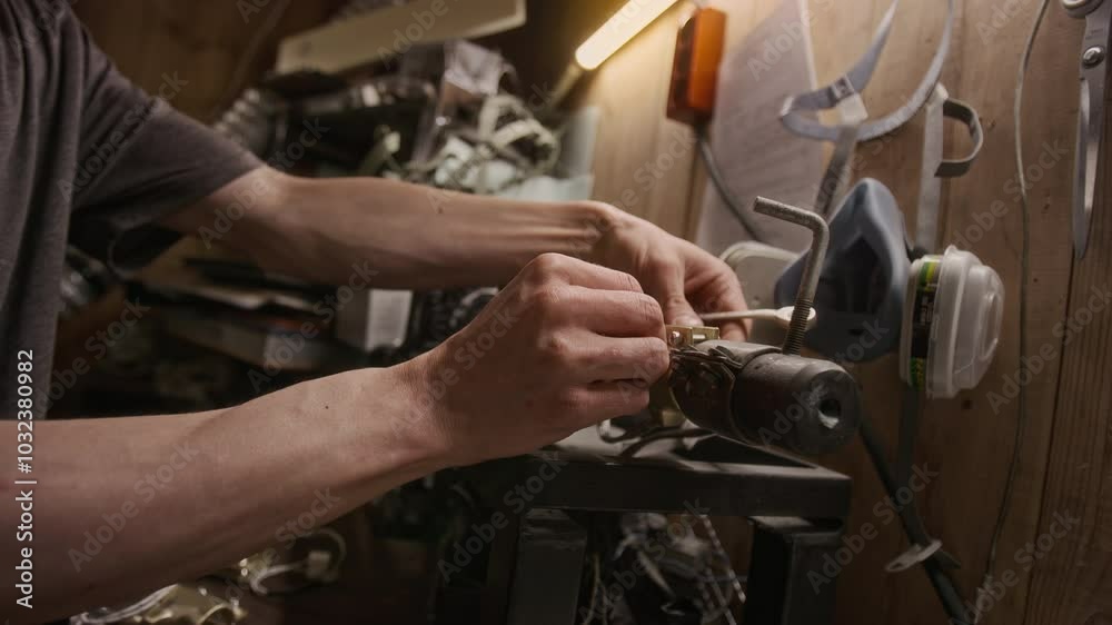 Tilting closeup of hands and face of young Caucasian male mechanis in glasses attaching component to cutting lathe and fixing with bolts after repair, while working alone at night in garage Tilting closeup of hands and face of young Caucasian male mechanis in glasses attaching component to cutting lathe and fixing with bolts after repair, while working alone at night in garage