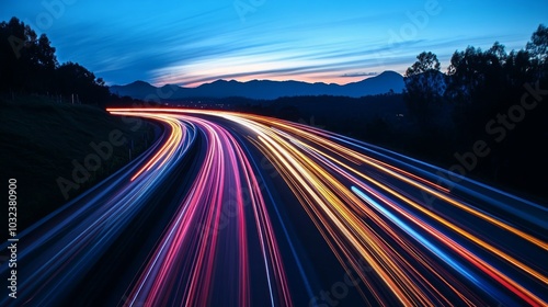 A long exposure shot of a winding road at dusk, capturing colorful light trails from vehicles.