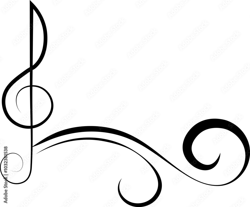 Music design. Treble clef and curls. For concert, music, stickers, t-shirts.