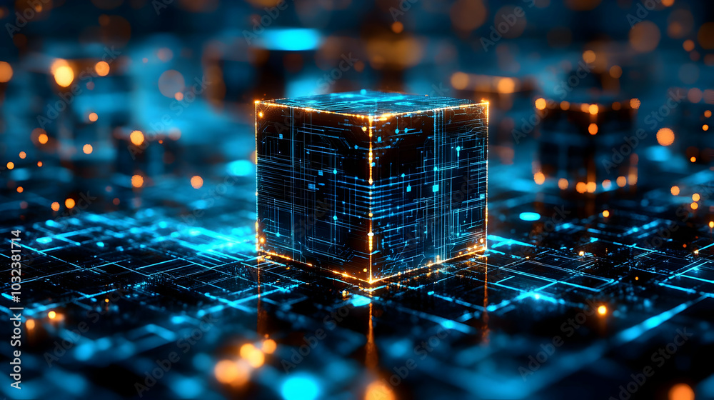Glowing Cube with Circuitry on Circuit Board Background Glowing Cube with Circuitry on Circuit Board Background