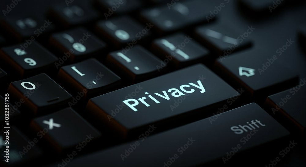 Keyboard close-up with privacy key illuminated in dark background highlighting modern technology and personal security Keyboard close-up with privacy key illuminated in dark background highlighting modern technology and personal security