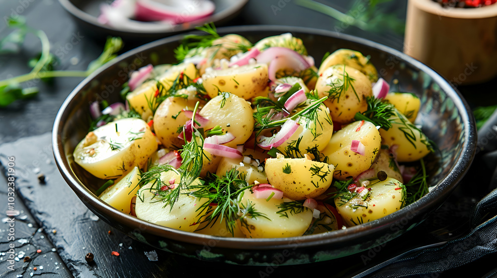 Potato salad with a sprinkle of fresh dill and red onions Potato salad with a sprinkle of fresh dill and red onions