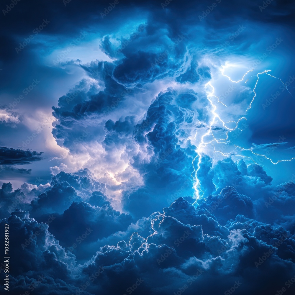 Fototapeta premium A powerful lightning bolt strikes through a dramatic, stormy sky with dark, ominous clouds.