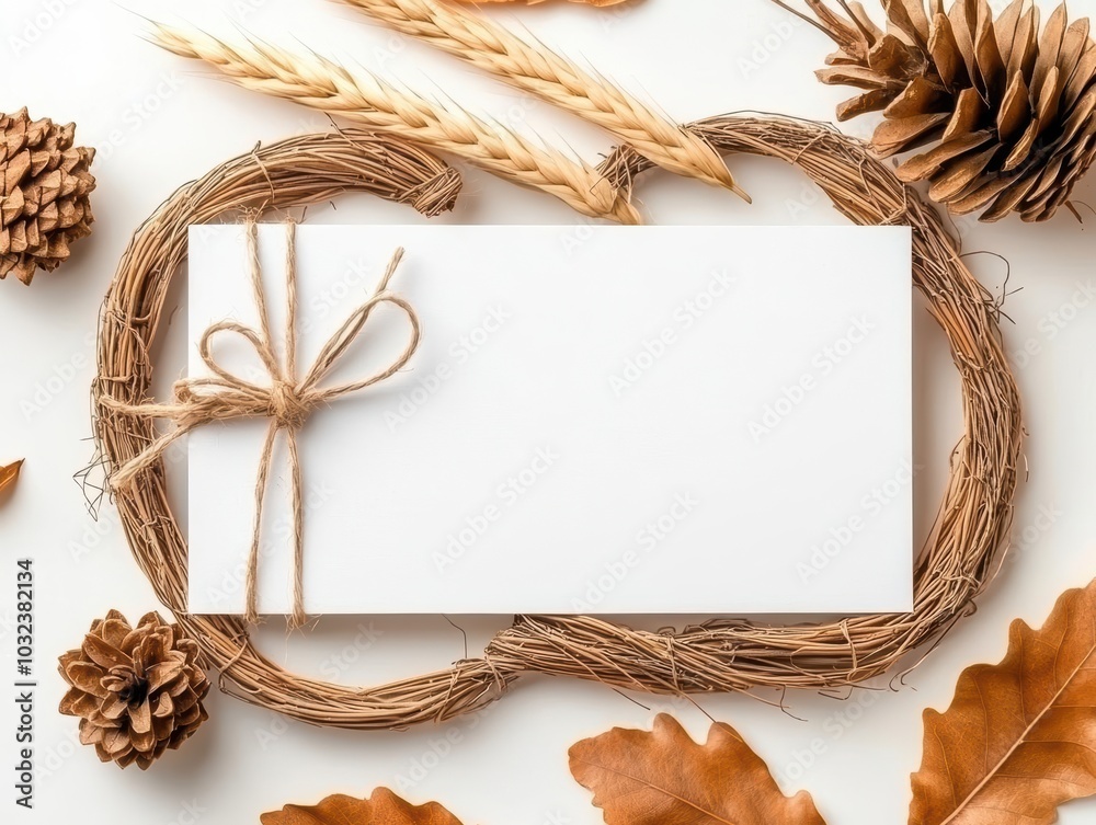 Blank card surrounded by autumn leaves, pine cones, and twine on a light background. Blank card surrounded by autumn leaves, pine cones, and twine on a light background.