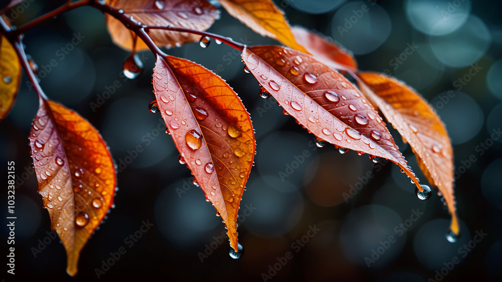 Autumn leaves with water droplets, soft focus and warm red-orange tones Autumn leaves with water droplets, soft focus and warm red-orange tones