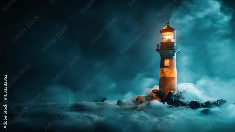 Illuminated Coastal Night Serene Lighthouse Amidst Fog and Waves, Guiding Ocean with Warm Light and Tranquil Atmosphere Over Rocks.