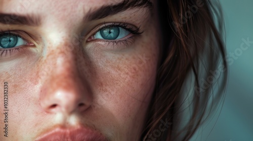 Close-up of freckled face with intense blue eyes and natural expression