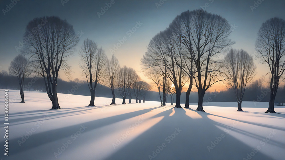 A peaceful snowy scene with trees and long shadows at dawn, capturing the calm of winter. A peaceful snowy scene with trees and long shadows at dawn, capturing the calm of winter.
