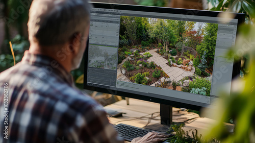A landscaper using 3D landscape design software on a large screen to visualize the transformation of an outdoor space with precise details