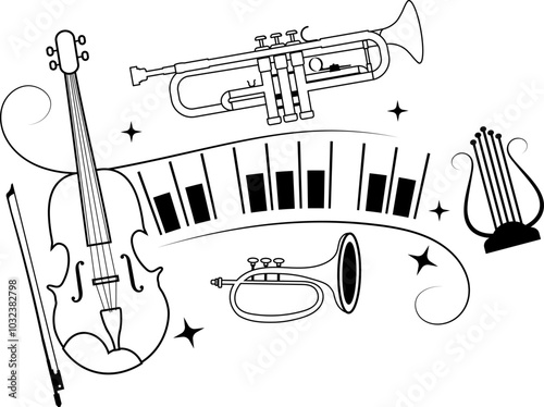 Music design. Musical instruments, piano keys, swirls and stars. For concert, music, stickers, t-shirts.