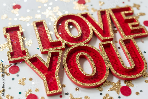 A vibrant display of sparkling red letters spelling "I LOVE YOU," surrounded by colorful confetti, celebrating love and affection.