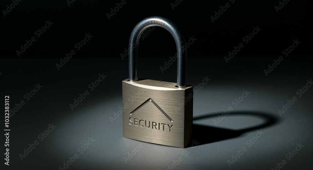 Padlock with security engraving on surface in dark setting Padlock with security engraving on surface in dark setting