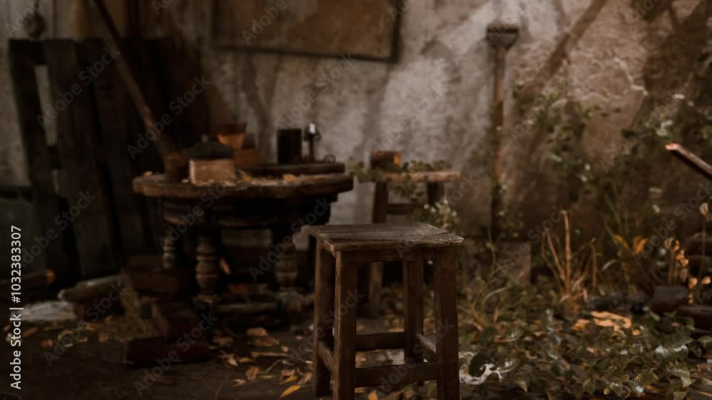 An abandoned interior features a weathered wooden table surrounded by scattered leaves and debris. The space has a rustic charm, showcasing remnants of a forgotten era.