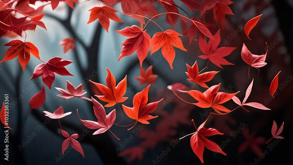 Soft autumn scene with falling red maple leaves and blurred tree branches. Soft autumn scene with falling red maple leaves and blurred tree branches.