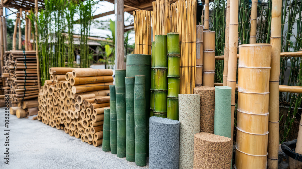 A display of eco-friendly building materials at a construction site, including bamboo, recycled wood, and sustainable insulation A display of eco-friendly building materials at a construction site, including bamboo, recycled wood, and sustainable insulation