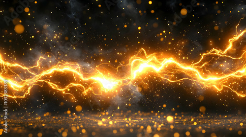 Golden Electric Current Flows Through a Dark Background with Sparkles