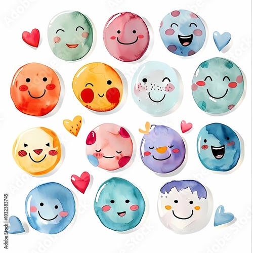 The watercolor illustration depicts various colorful hearts and round faces expressing a wide range of emotions