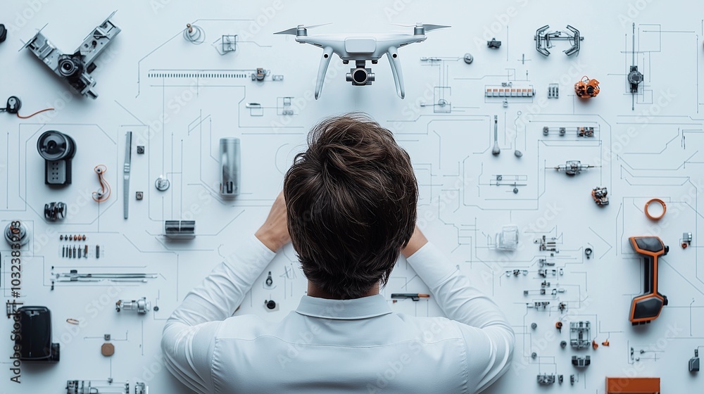 Drone Engineer's Blueprint: A meticulously arranged overhead shot of a male engineer surrounded by drone parts and schematics, showcasing precision and innovation. Drone Engineer's Blueprint: A meticulously arranged overhead shot of a male engineer surrounded by drone parts and schematics, showcasing precision and innovation.