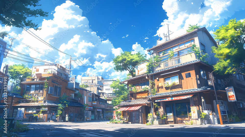 Fototapeta premium Animated Street Scene with Sunny Sky, Clouds, and Buildings in Japan