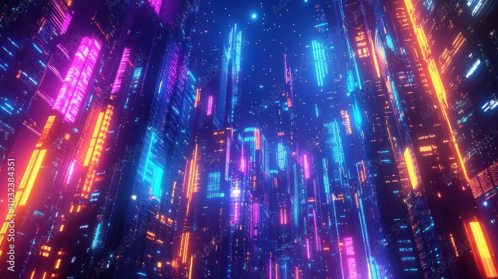 Abstract neon glowing lines create a futuristic cityscape. Abstract neon glowing lines create a futuristic cityscape.