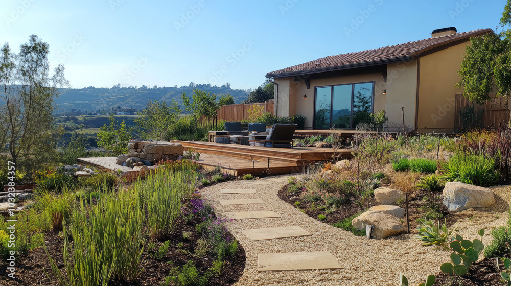 A drought-tolerant landscaping service in action, designing a beautiful, water-efficient garden in a dry climate with hardy, sustainable plants A drought-tolerant landscaping service in action, designing a beautiful, water-efficient garden in a dry climate with hardy, sustainable plants
