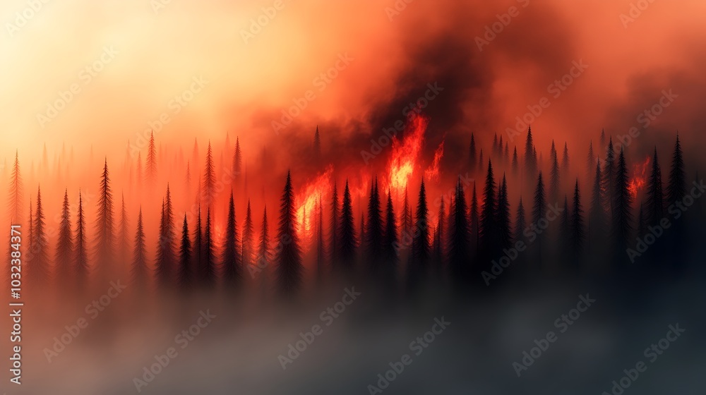 Raging wildfire ravages a remote mountain forest with fiery red and orange hues dancing across the treeline and dense clouds of choking black smoke obscuring the horizon Raging wildfire ravages a remote mountain forest with fiery red and orange hues dancing across the treeline and dense clouds of choking black smoke obscuring the horizon