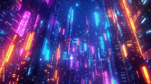 Abstract neon glowing lines create a futuristic cityscape.