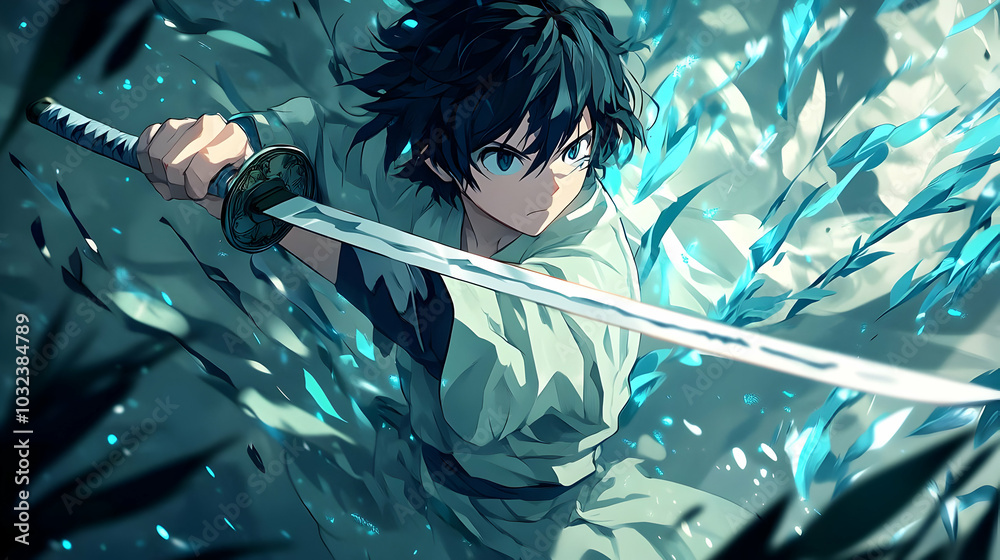 Anime Samurai Warrior with Sword, Holding Sword, Facing Forward, in