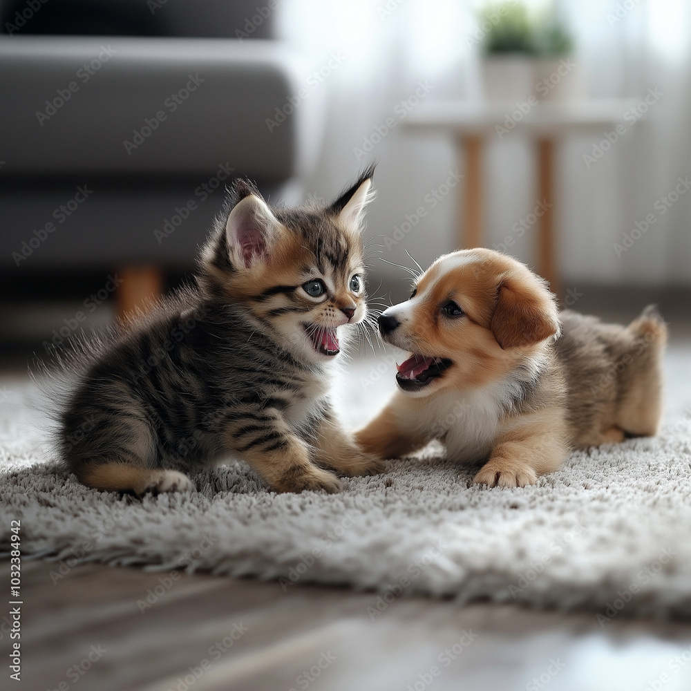 Kitten and Puppy Playing on a Cozy Rug Kitten and Puppy Playing on a Cozy Rug