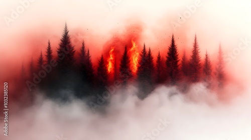 Raging inferno engulfing an eerie woodland landscape with intense flames licking at the treetops a hazy miasma of smoke and an eerie red orange hue  Cinders float in the air creating a dystopian