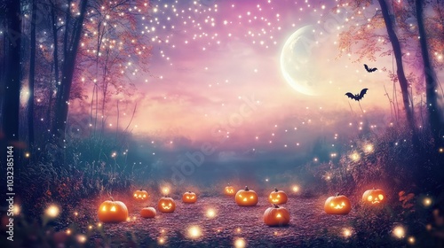 A whimsical Halloween night scene with glowing pumpkins scattered through a magical forest, fairy lights hovering above the ground, and a moon shining brightly in a warm, pink, and purple sky.