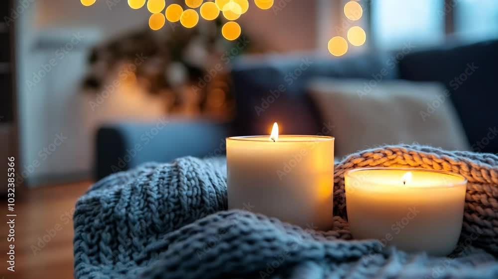 Cozy burning candles in soft focus. Serene and inviting relaxation atmosphere Cozy burning candles in soft focus. Serene and inviting relaxation atmosphere