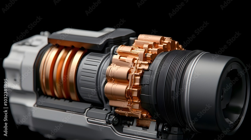 Detailed cross section view of a futuristic vehicle engine highlighting its intricate mechanical components and advanced engineering design Detailed cross section view of a futuristic vehicle engine highlighting its intricate mechanical components and advanced engineering design