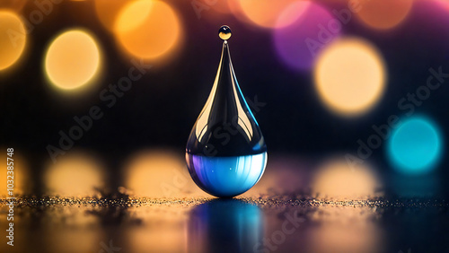 Large abstract water droplet touches a shiny surface with colorful reflections and blurred lights.