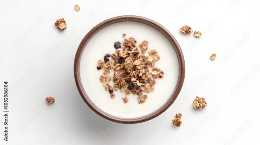 A bowl of yogurt with granola and chocolate chips on a white background. A bowl of yogurt with granola and chocolate chips on a white background.