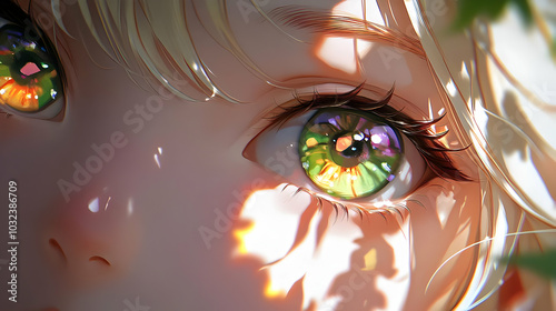 Close Up of a Green Eye with Highlights, Shiny and Sparkling with Light Reflecting from the Iris and Pupil
