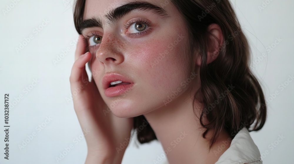 A young woman with freckles and thick eyebrows looks off to the side. A young woman with freckles and thick eyebrows looks off to the side.