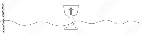 Continuous line drawing of holy grail with cross. Church communion cup. One line drawing. Single line art. Vector illustration.