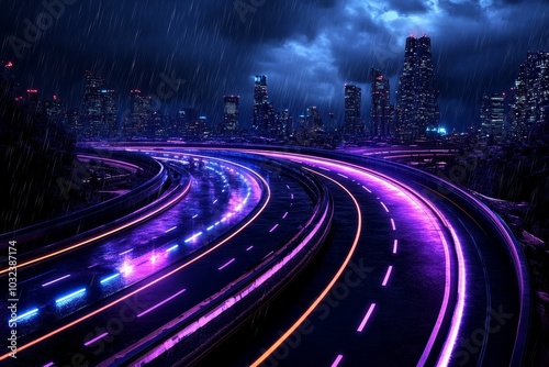 Cyberpunk highway deep in a glowing megacity, with rain falling steadily