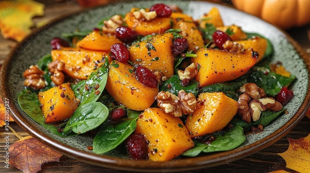 Roasted pumpkin salad with spinach and walnut on a black plate on a old wooden background. Top view Roasted pumpkin salad with spinach and walnut on a black plate on a old wooden background. Top view