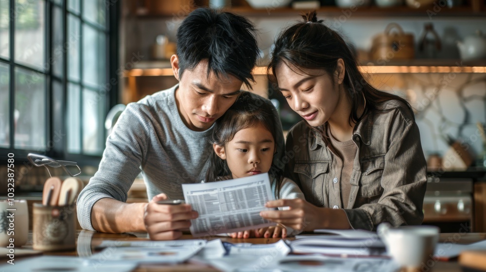 Obraz premium Asian family feeling the impact of rising living expenses, with bills and debt piling up