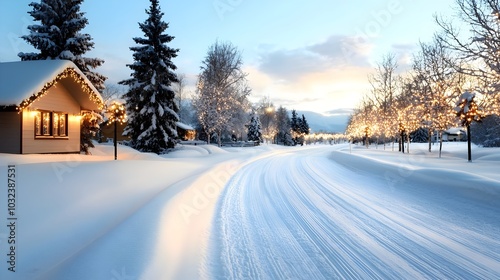 A picturesque winter scene with a snow covered street lined by trees adorned with twinkling holiday lights creating a cozy and festive atmosphere in the city