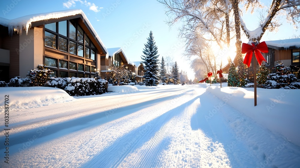 A picturesque snow covered street lined with trees adorned in twinkling holiday lights creating a serene and cozy winter landscape in a residential urban setting A picturesque snow covered street lined with trees adorned in twinkling holiday lights creating a serene and cozy winter landscape in a residential urban setting