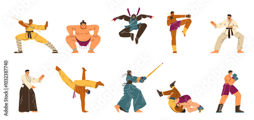 Asian martial arts Kendo, Ikido, Ninjutsu, Muay Thai, Sumo fighters Karate boxing Capoeira combat sport vector set