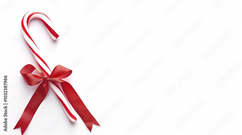Candy Cane with Red Ribbon on White Background Candy Cane with Red Ribbon on White Background