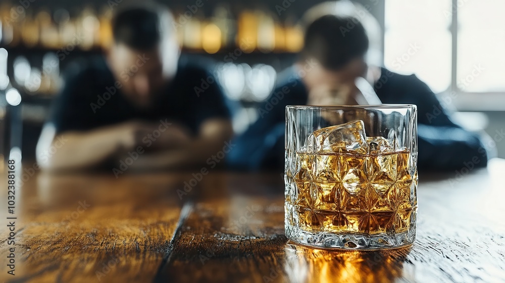 Two friends sit at a rustic wooden bar, absorbed in their thoughts. A glass of whiskey sits prominently in front, showcasing the amber liquid and ice. The warm ambiance and softly blurred background e Two friends sit at a rustic wooden bar, absorbed in their thoughts. A glass of whiskey sits prominently in front, showcasing the amber liquid and ice. The warm ambiance and softly blurred background e