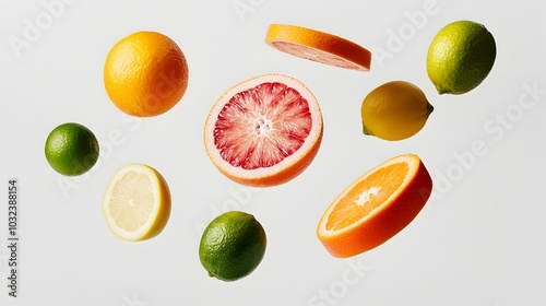 Fototapeta Naklejka Na Ścianę i Meble -  Assortment of flying citrus fruits including oranges lemons limes and grapefruits suspended in mid air against a clean bright white backdrop photographed on high speed with lighting and texture