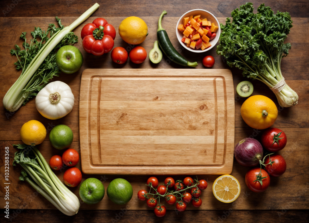 Variety of green fruits and vegetables with empty wooden cutting board. Top view, copy space. Variety of green fruits and vegetables with empty wooden cutting board. Top view, copy space.